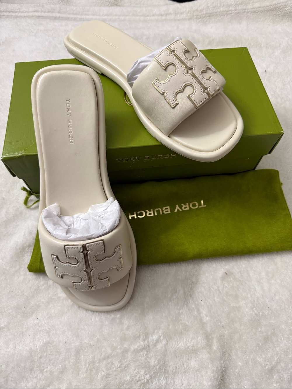 Tory Burch Ivory Logo Slide Sandals